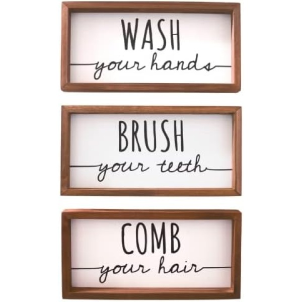 RUSTIC DESIGNS Bathroom Decor - 'Brush Wash Comb' | Set of 3 | Solid Wood Bathroom Signs & Bathroom Wall Decor for Washroom Decor | Rustic Home Decor | Farmhouse Decor | Bedroom Decor | Boho Decor