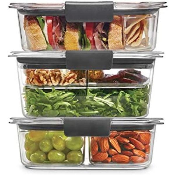 Rubbermaid 12-Piece Brilliance Food Storage with Dressing Container, Trays, and Lids for Lunch, Meal Prep, and Leftovers, Dishwasher Safe, Clear/Grey