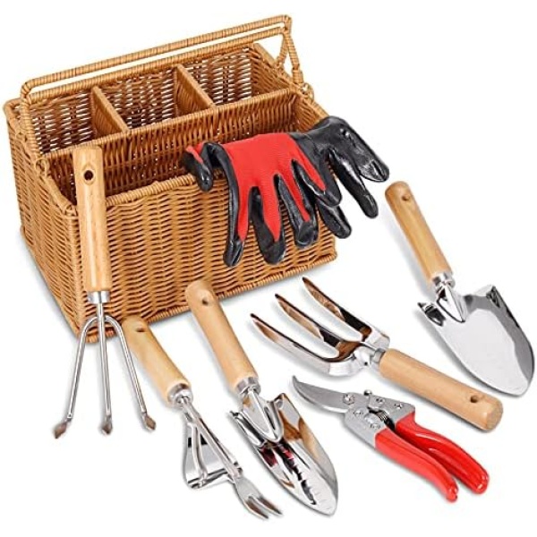 SOLIGT Gardening Hand Tools with Basket – Garden Tool Set with Pruning Shears, Cultivator, Gloves – Heavy-Duty Stainless Steel Gardening Tools with Wood Handle – Gardening Gifts for Women Men