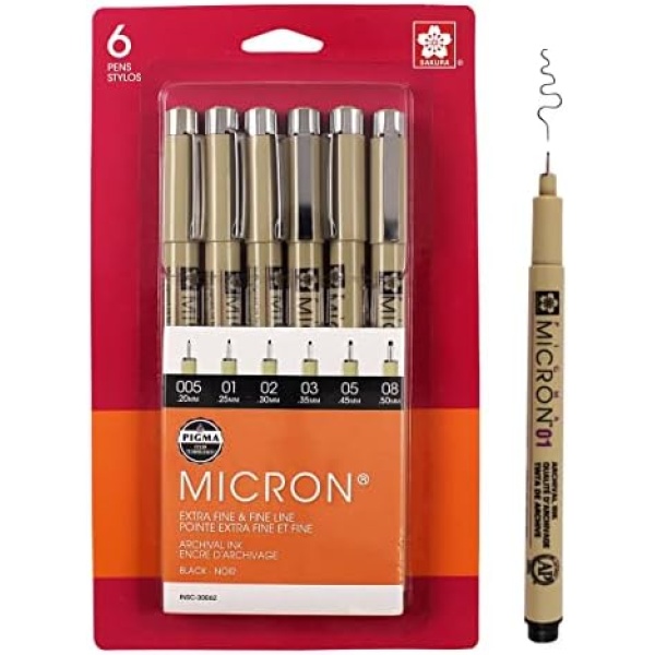 Sakura Pigma Micron Fineliner Pens - Archival Black Ink Pens - Pens for Writing, Drawing, or Journaling - Assorted Point Sizes - 6 Pack