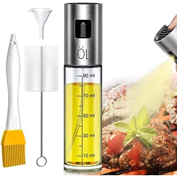 Showvigor Olive Oil Sprayer for Cooking,100ml Oil Sprayer Bottle Versatile Glass with Brush and Funnel ,Oil Dispenser Bottle for Cooking, Air Fryer, BBQ, Salad, Baking Kitchen Tools