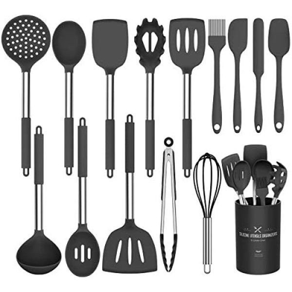 Silicone Cooking Utensil Set, Umite Chef 15pcs Silicone Cooking Kitchen Utensils Set, Non-Stick Heat Resistant - Best Kitchen Cookware with Stainless Steel Handle - Black