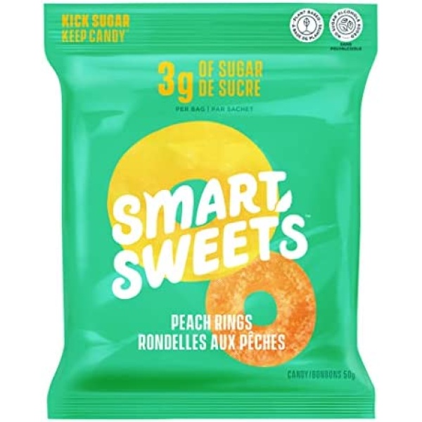 SmartSweets Peach Rings, Candy with Low Sugar (3g), Low Calorie, Plant-Based, Free From Sugar Alcohols, No Artificial Colours or Sweeteners, Pack of 12, New Juicy Recipe