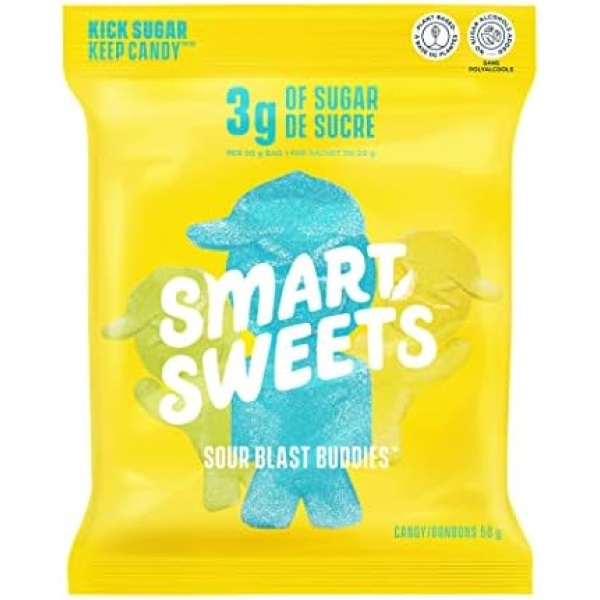 SmartSweets Sour Blast Buddies, Candy with Low Sugar (3g), Low Calorie, Plant-Based, Free From Sugar Alcohols, No Artificial Colours or Sweeteners, Pack of 12, New Juicy Recipe