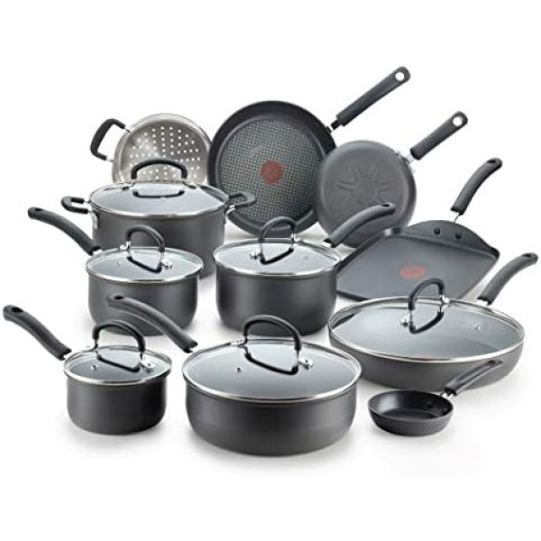 T-Fal E765SH Ultimate Hard Anodized Scratch Resistant Titanium Nonstick Thermo-Spot Heat Indicator Anti-Warp Base Dishwasher Safe Oven Safe PFOA Free Cookware Set, 17-Piece, Gray, Black