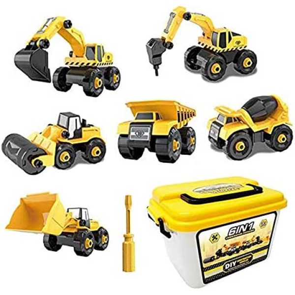 Take Apart Trucks Construction Vehicles Excavators, Set 6 in 1 Toy with Storage Box(Excavator, Bulldozer, Dump Truck, Drilling Truck, Road Roller, Cement Mixer), Play Set for Kids Age 3+