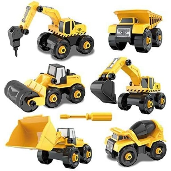 Take-Apart Trucks Construction Vehicles Excavators ，Set of 6 Bulldozer, Dump Truck, Drilling Truck, Road Roller, Cement Mixer 104 Pieces Toy & DIY Building Play Set for Kids Age 3+ (6 in One)