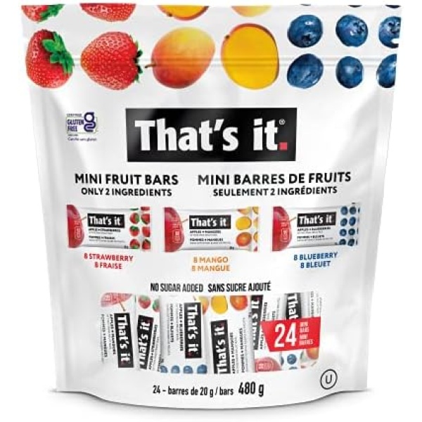 That's it. Mini Fruit Bars Variety (24 Pack) No Sugar Added, Plant-Based, Vegan & Gluten Free, Breakfast Bar, Paleo, for Children & Adults, Non GMO, Fiber (8 Blueberry, 8 Strawberry, 8 Mango)