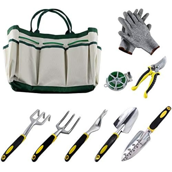 Ucharge Gardening Tool Set,9 Pieces Garden Tool Kit with Outdoor Hand Tools Include a Plant Rope and a Pair of Work Gloves for Women and Men