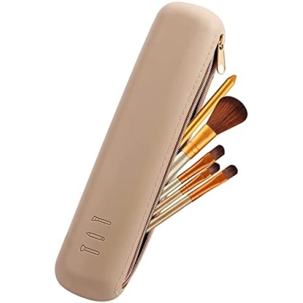 Upgrade Silicone Makeup Brush Holder with Zipper, Portable Travel Makeup Brush Case, Waterproof Cosmetic Brush Box for Face Brushes Tools for Women Girls (Khaki)