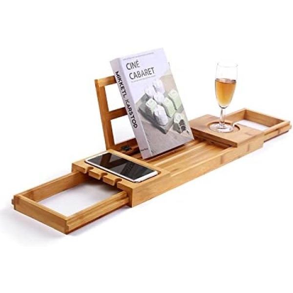 Utoplike Bathtub Caddy Tray, Bamboo Bath tub Tray with Adjustable Arms, Bath Table Holds Books/Tablets/Cell Phone/Towels/Foods (Natural Bamboo)