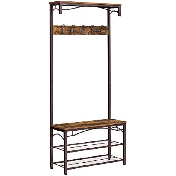 VASAGLE ALINRU Coat Rack, 3-in-1 Hall Tree, Entryway Shoe Bench Coat Stand, Storage Shelves Accent Furniture Steel Frame Large Size, Industrial, Rustic Brown and Bronze UHSR45AX