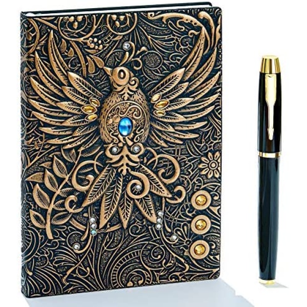 Vintage 3D Phoenix Embossed Leather Writing Journal Notebook with Gold Pen Set,A5,200Pages,Antique Handmade Daily Notepad Sketchbook,Travel Diary&Notebook to Write in,for Women Men