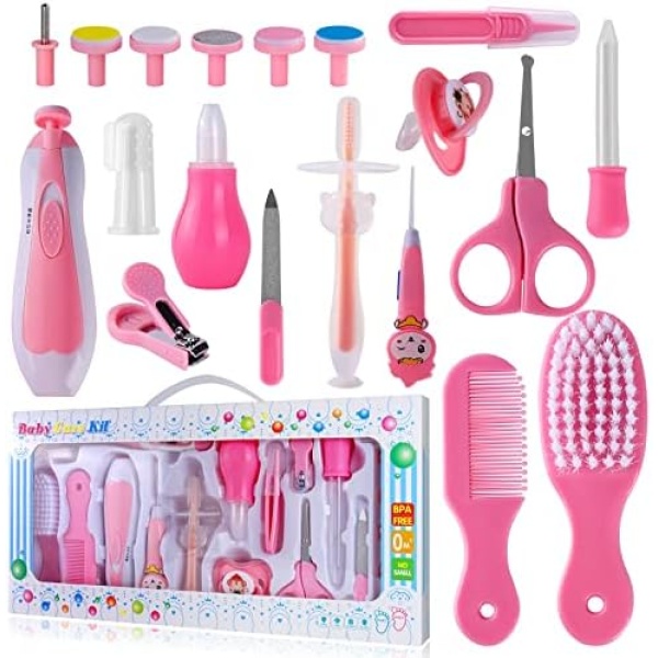 VolksRose Baby Grooming Kit, 20 in 1 Baby Safety Care Kit, with Baby Brush Comb Nail Clipper Finger Toothbrush etc, Nursery Health Care Set for Newborns Infant Boys Girls, Pink