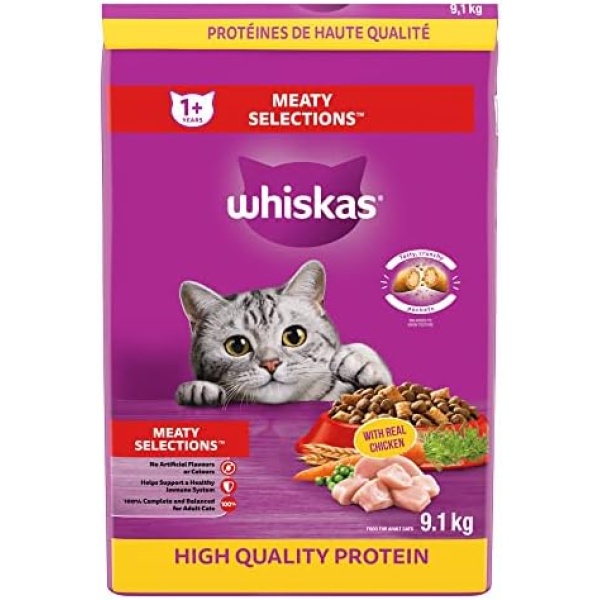 WHISKAS Meaty Selections Dry Cat Food with Real Chicken, 9.1kg bag