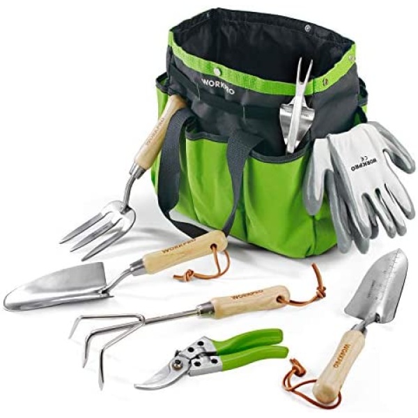 WORKPRO Garden Tools Set, 7 Piece, Stainless Steel Heavy Duty Gardening Tools with Wooden Handle, Including Garden Tote, Gloves, Trowel, Hand Weeder, Cultivator and More-Gardening Gifts for Women Men