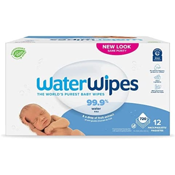 WaterWipes Plastic-Free Original Baby Wipes, 99.9% Water Based Wipes, Unscented & Hypoallergenic for Sensitive Skin, 720 Count (12 packs), Packaging May Vary