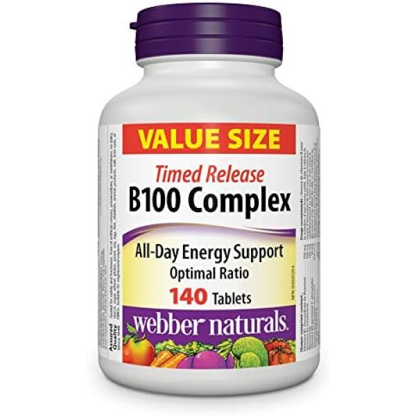 Webber Naturals Vitamin B100 Complex, Timed Release, 140 Tablets, Supports Energy Production and Metabolism, Gluten Free, Non-GMO, Vegan