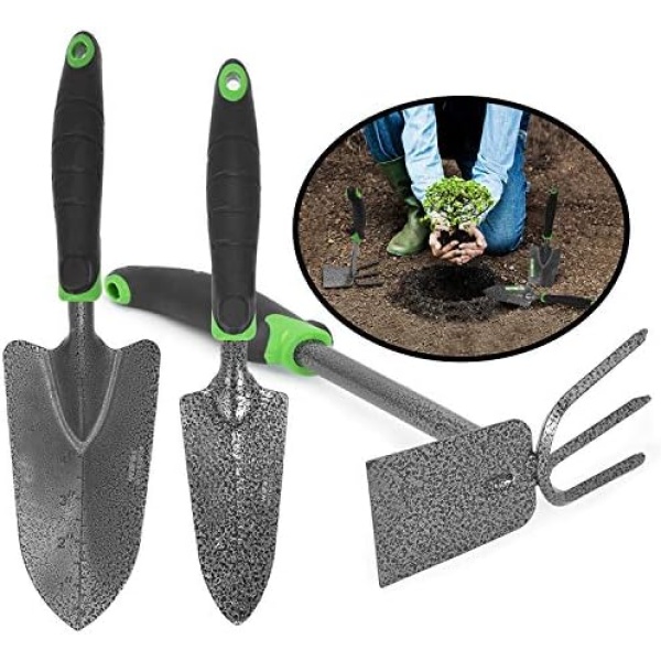 WilFiks Garden Tool Set, 3 Piece Heavy Duty Hand Tools, The Gardening Kit Includes A Hand Trowel, Transplanter and A Hoe and Cultivator Combo, Bend Proof Garden Work Tools with an Ergonomic Handle