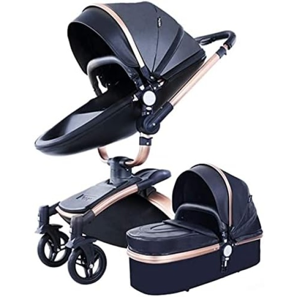 ZHEDYI 2 in 1 Baby Stroller, Travel System with Bassinet,Pu Leather High Landscape Pushchair with Adjustable Seat Height Angle,Four-Wheel Shock Absorption (Color : Black)