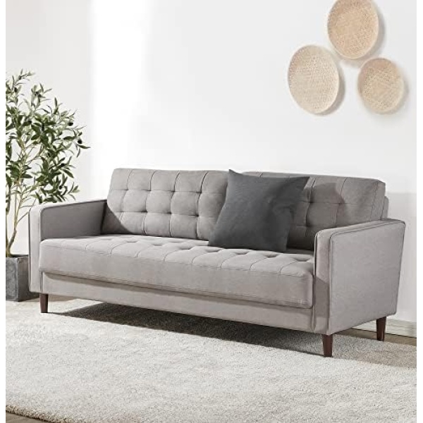 Zinus Mid-Century Upholstered 76in Sofa / Living Room Couch, Stone Grey Weave