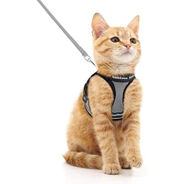 rabbitgoo Cat Harness and Leash Set for Walking Escape Proof, Adjustable Soft Kittens Vest with Reflective Strip for Cats, Comfortable Outdoor Vest, Grey, Medium