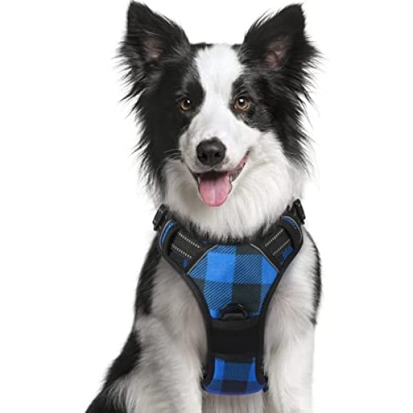 rabbitgoo Dog Harness No Pull, Adjustable Dog Walking Chest Harness with 2 Leash Clips, Comfort Padded Dog Vest Harness with Handle, Reflective Front Body Harness for Large Dogs, Blue Plaid