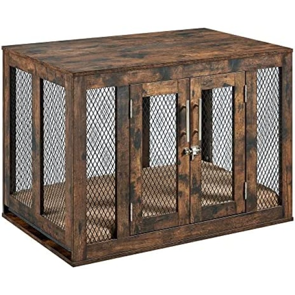 unipaws Medium Dog Crate 36 Inch, Dog Crate Furniture End Table with Tray and Cushion, Indoor Dog Kennel, Rustic