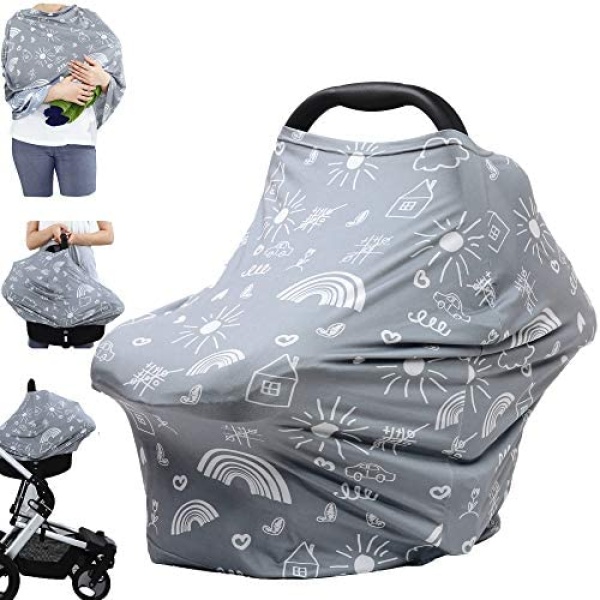 Breastfeeding Nursing Cover Carseat Canopy - Multi Use Infant Stroller Cover, Car Seat Covers for Babies, Nursing Scarf, Baby Shower Gifts for Boys and Girls (Grey Creativity)