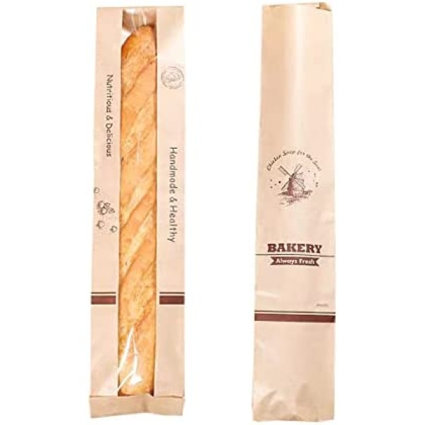 French Bread Bags 50Pcs Bakery Bags with Window Kraft Paper Loaf Packaging Bread Storage Bags Large Baguette Bread Bags Bread Poly Bags for Homemade Bread (24x 4.4X 1.6inch, Kraft Bakery)