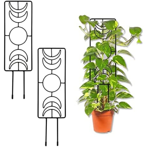 2 Pack Plant Trellis, Metal Climbing Plant Support with Moon Pattern, Small Garden Trellis for Potted Plants, Indoor Outdoor Houseplant Stand Sticks 14.1 x 4.1 Inch