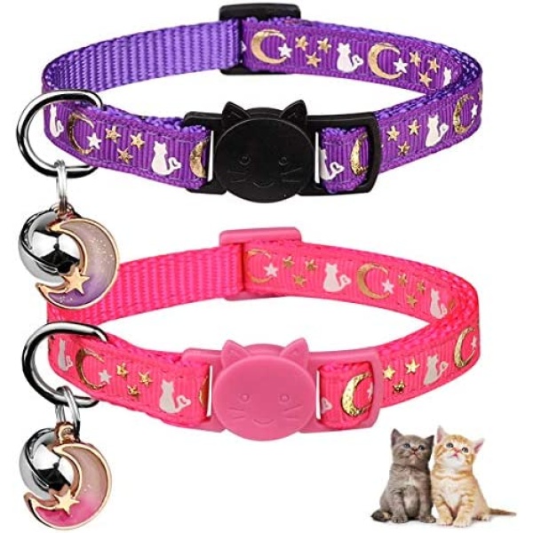 2PCS Breakaway Cat Collars with Bell Moons Stars Cute Kitty Adjustable Safe Kitten Collars with Pendant Glow in The Dark(Purple&Pink)