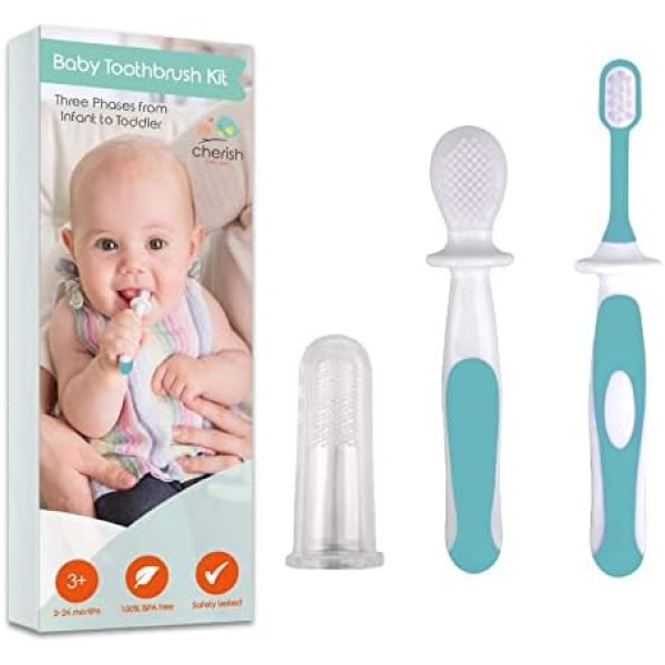 3 Piece Baby Toothbrush Set by Cherish Baby Care - with Infant Finger Toothbrush - Silicone Toothbrush & Toddler Toothbrush - Perfect Babys First Toothbrush Set (Teal)