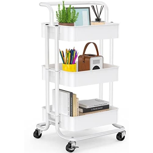 3-Tier Rolling Utility Cart, Multifunctional Metal Organization Storage Cart with 2 Lockable Wheels for Office, Home, Kitchen, Bedroom, Bathroom, Laundry Room by Pipishell (White)