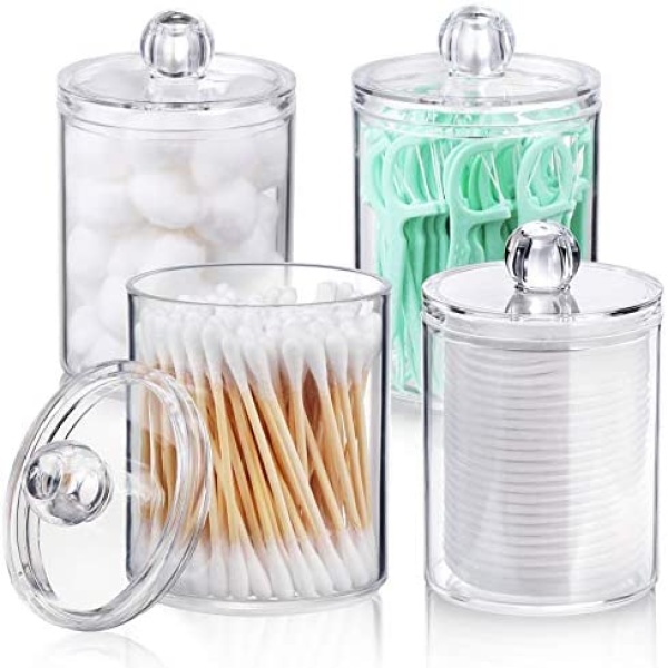 4 PACK Qtip Holder Dispenser for Cotton Ball, Cotton Swab, Cotton Round Pads, Floss Picks - 10 oz Clear Plastic Apothecary Jar Set for Bathroom Canister Storage Organization, Vanity Makeup Organizer