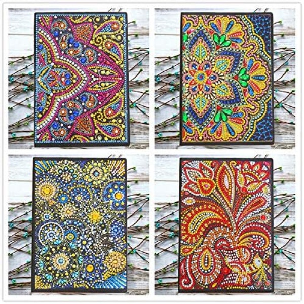 4 Packs 5D Diamond Painting Notebook Kits Mandala Journal Cover Leather Special Shaped Sketchbook DIY Diamond Art Crystal Cross Stitch Hardcover Dairy Book Festival Birthday Gift 8.27x5.7IN