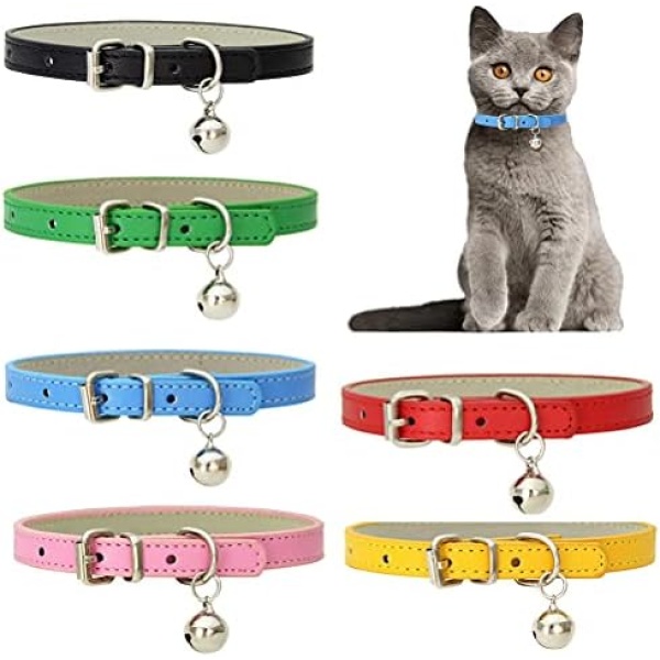 6 Pcs Cat Collars with Bell, PU Leather Cat Collar Adjustable Kitten Collar with Safety Buckle for Girl Boy Pet Cats (Neck Fit 5.9"-9", 6 Colors)