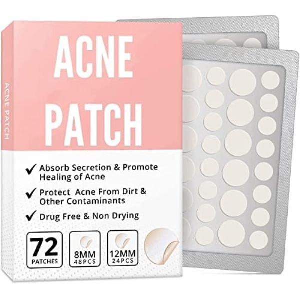 72 Pcs Acne Patches Pimple Patches for Facial Treatments, Acne Treatment Pore Strips Patches, Hydrocolloid Dressing Cover, Dots for Spots Pimple Patches, Effectively Calms & Relieves Acne, Facial Care (12mm&8mm)