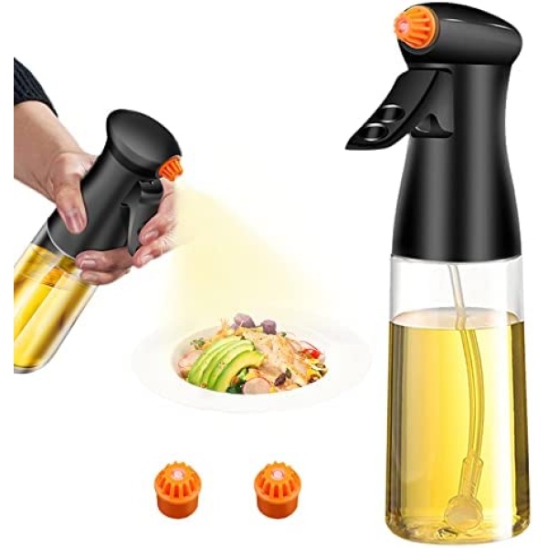 AHOUGER Oil Sprayer for Cooking 210ml Oil Spray Bottle Oil Dispenser with Premium Glass & 3 Nozzles, Olive Oil Sprayer Oil Mister Air Fryer Accessories, Perfet for BBQ,Baking,Salad, (Black)