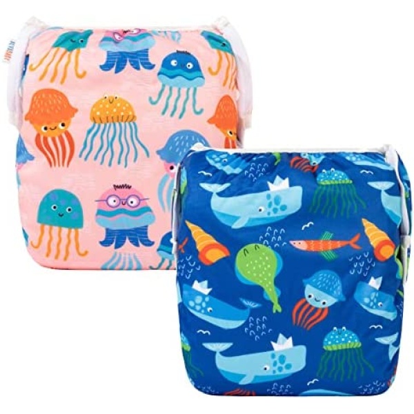 ALVABABY Swim Diapers Reusable Washable Adjustable 0 to 36 mo.for Infants Toddlers 2 Pack Large Size Swimming Lesson ZDYK116-117-CA