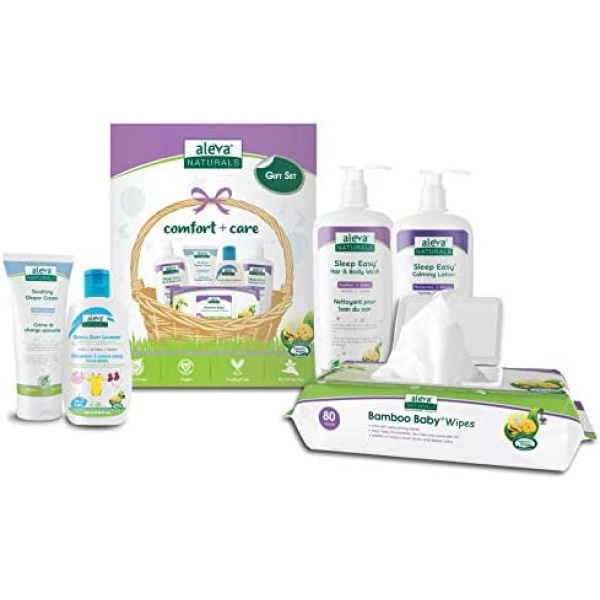 Aleva Naturals Newborn Comfort Care Kit includes: Bamboo Baby Wipes, Sleep Easy Hair & Body Wash, Calming Lotion, Soothing Diaper Cream - Natural, Plant-Based Formula, Hypoallergenic, 4 Piece Set