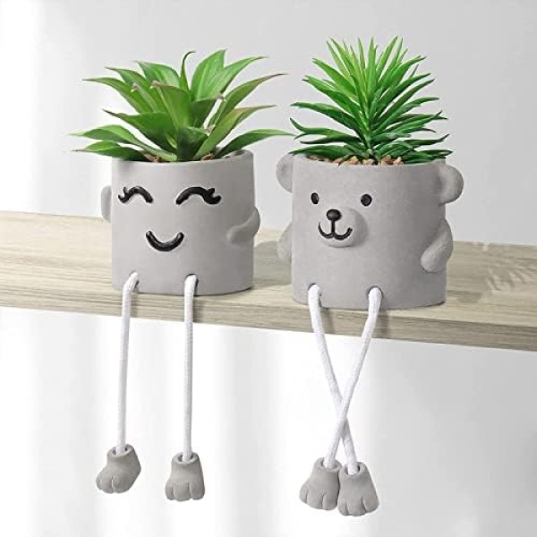 Alynsehom Artificial Potted Plant,Set of 2,Cute Fake Succulent Plant with Hanging Leg,Emotional Cement Faux Succulent Potted Plant Decor for Home Office Table Desk Living Room Shelves(Smile&Bear)