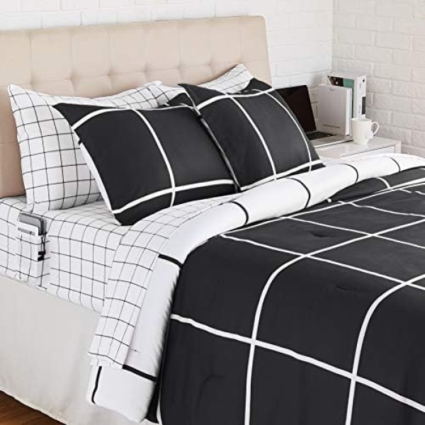 Amazon Basics College Dorm Bed-in-a-Bag with Elastic Storage Pockets - Full/Queen - Black Grid