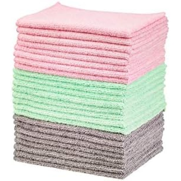 Amazon Basics Microfiber Cleaning Cloths, Non-Abrasive, Reusable and Washable - Pack of 24, 12 x16-Inch, Pink, Green and Gray