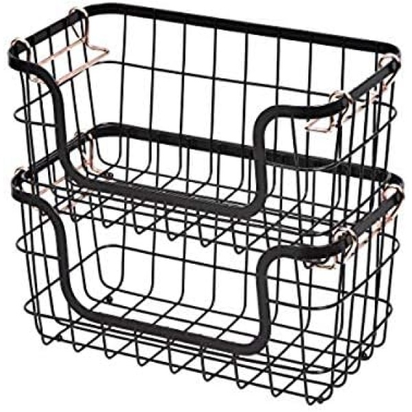 Amazon Basics Stackable Metal Wire Storage Basket Set for Kitchen or Bathroom - Black/Rose Gold