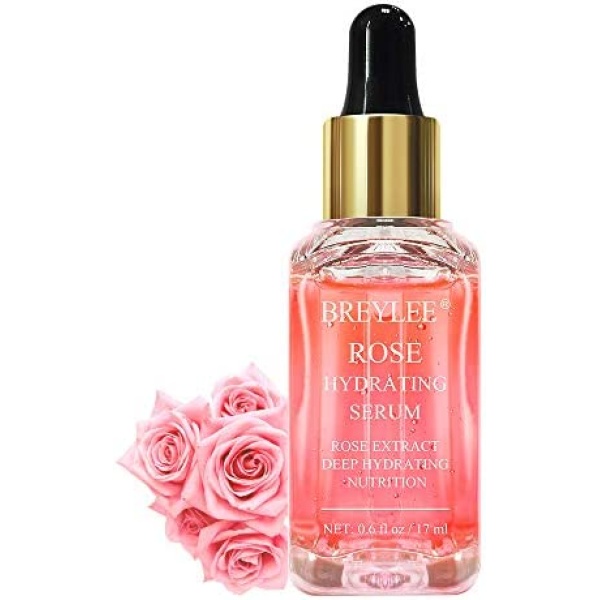 BREYLEE Rose Deep Hydration Face Serum, Moisturizing Serum Rose Essence with Rose Petals Extract Hyaluronic Acid Trehalose B5 Vitamin Alcohol Free Facial Skin Care(17ml,0.6fl oz)