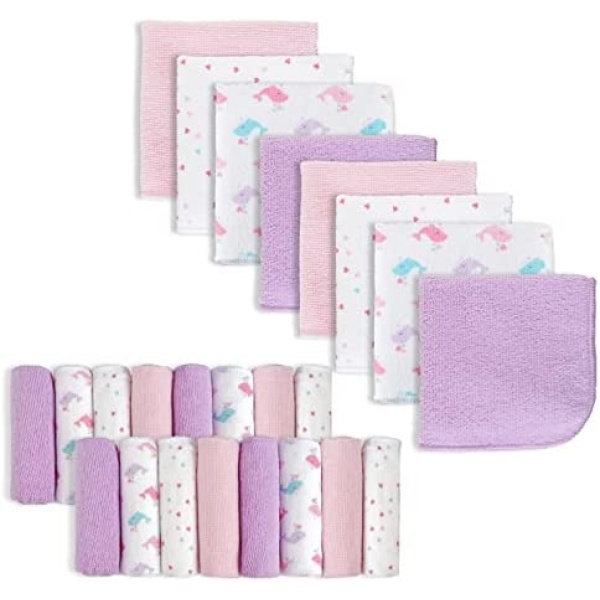 Baby Washcloths, Extra Soft and Ultra Absorbent Bath Cloth, Great Gifts for Newborn and Infants, 24 Pack (Pink Whale)