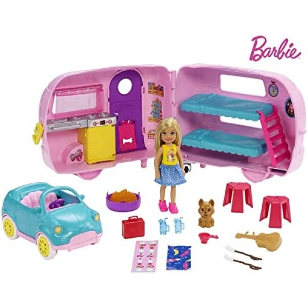 Barbie Club Chelsea Camper Playset with Chelsea Doll, Puppy, Car, Camper, Firepit, Guitar and 10 Accessories, Gift for 3 to 7 Year Olds