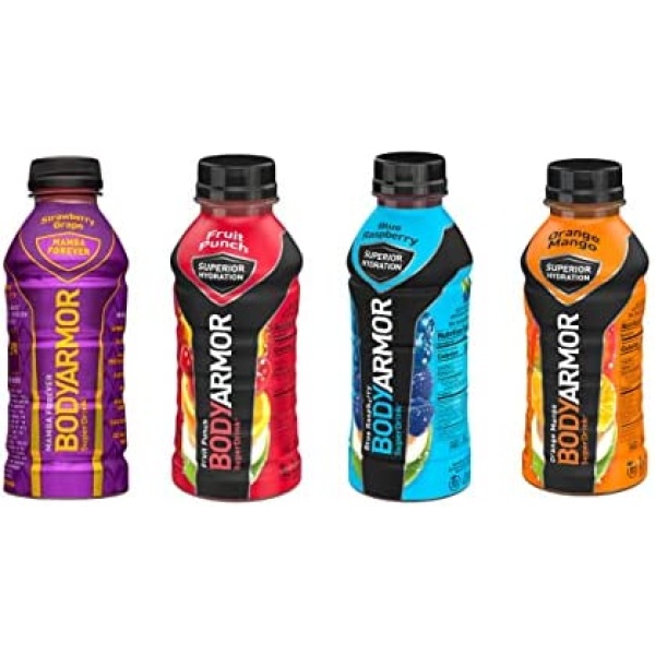 BodyArmor Super Hydration (4) Bottle Sports Drink Variety Bundle - Mamba Forever Strawberry Grape, Blue Raspberry, Orange Mango, Fruit Punch Sports Drink (355mL per bottle) - PLUS Bonus Big Maple Trivia Cards to enjoy with your Drink – Made for Athletes