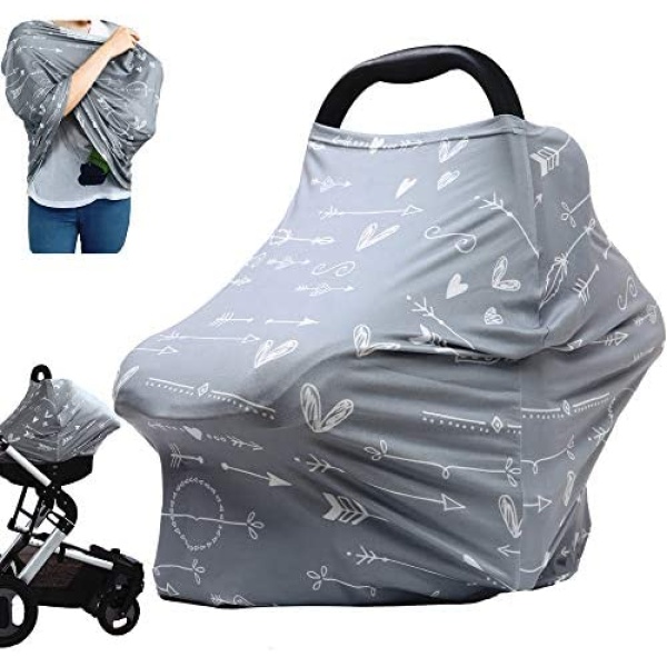 Breastfeeding Nursing Cover Carseat Canopy - Multi Use Infant Stroller Cover, Car Seat Covers for Babies, Nursing Scarf, Baby Shower Gifts for Boys and Girls (Grey Arrows)